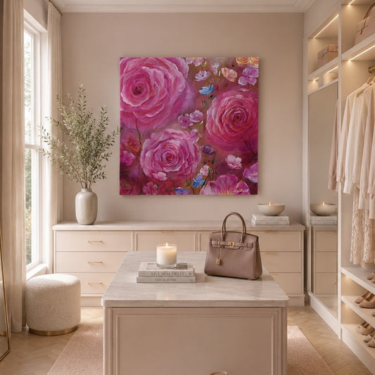 Radiant Beauty - Contemporary Large Pink Rose Print styled in ladies dressing room - by UK Artist Nikki Lloyd-Evans