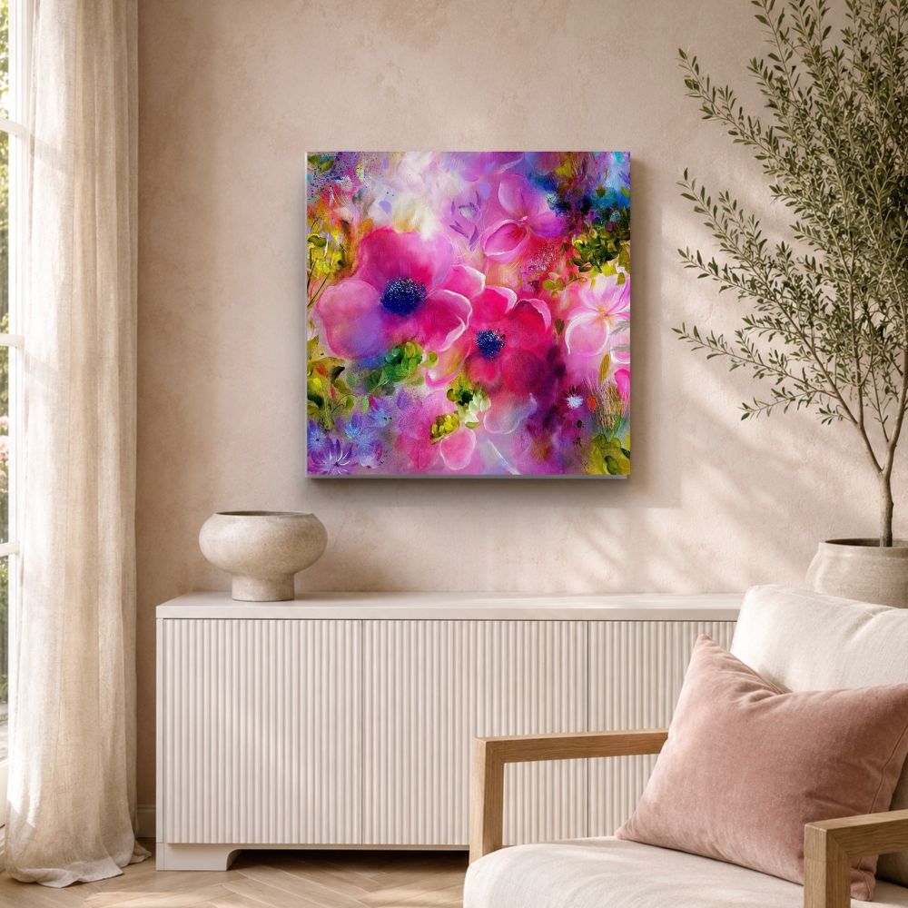 Vibrant Floral Print, Pink and Purple with white frame by UK Artist Nikki Lloyd-Evans