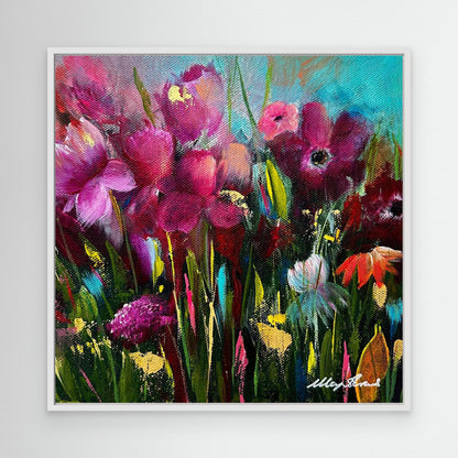'Perfect Love' - Contemporary floral canvas print blue, pink and green with white frame