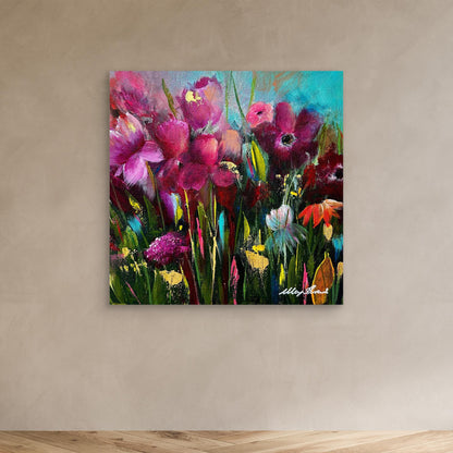 'Perfect Love' - Contemporary floral canvas print blue, pink and green 