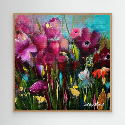 'Perfect Love' - Contemporary floral canvas print blue, pink and green with oak frame