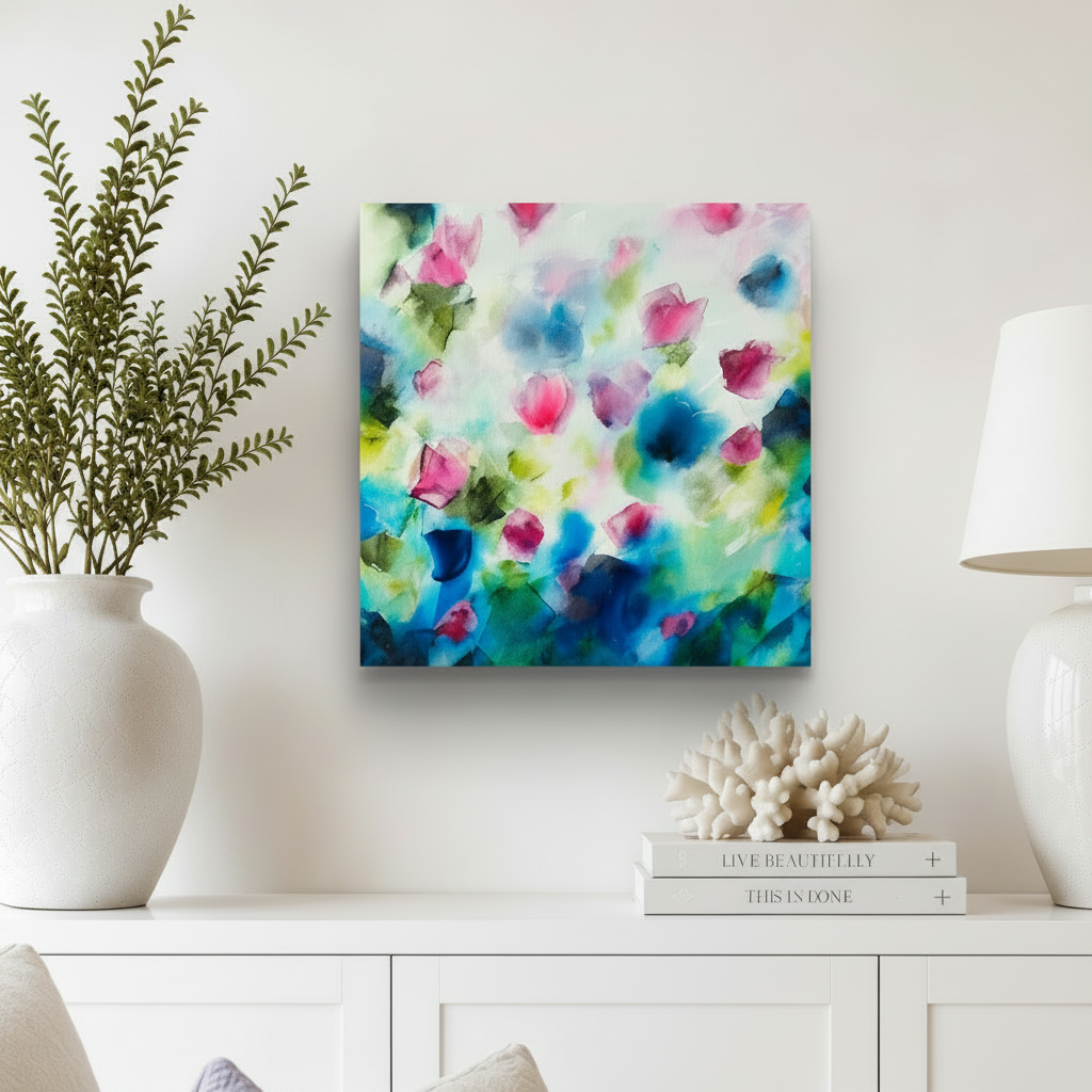 Modern Abstract Floral Original Painting | Pinks, blue, green, white | Suit stylish coastal or country home