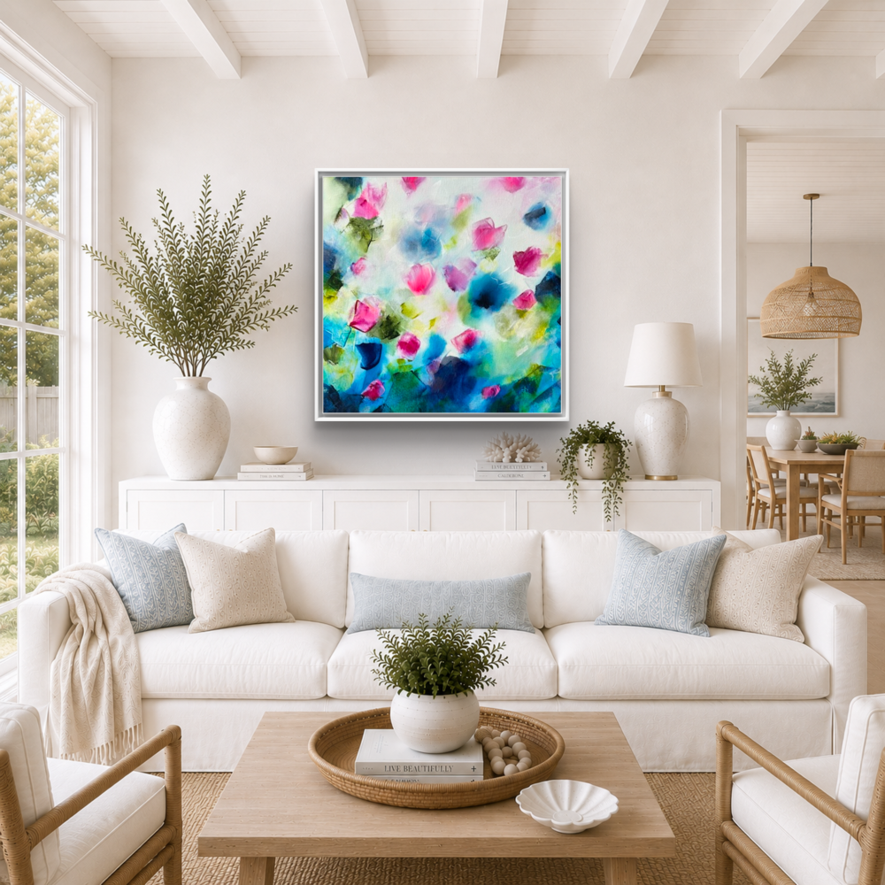 Colourful Abstract Floral pink and blue Canvas Print by UK Artist Nikki Lloyd-Evans 