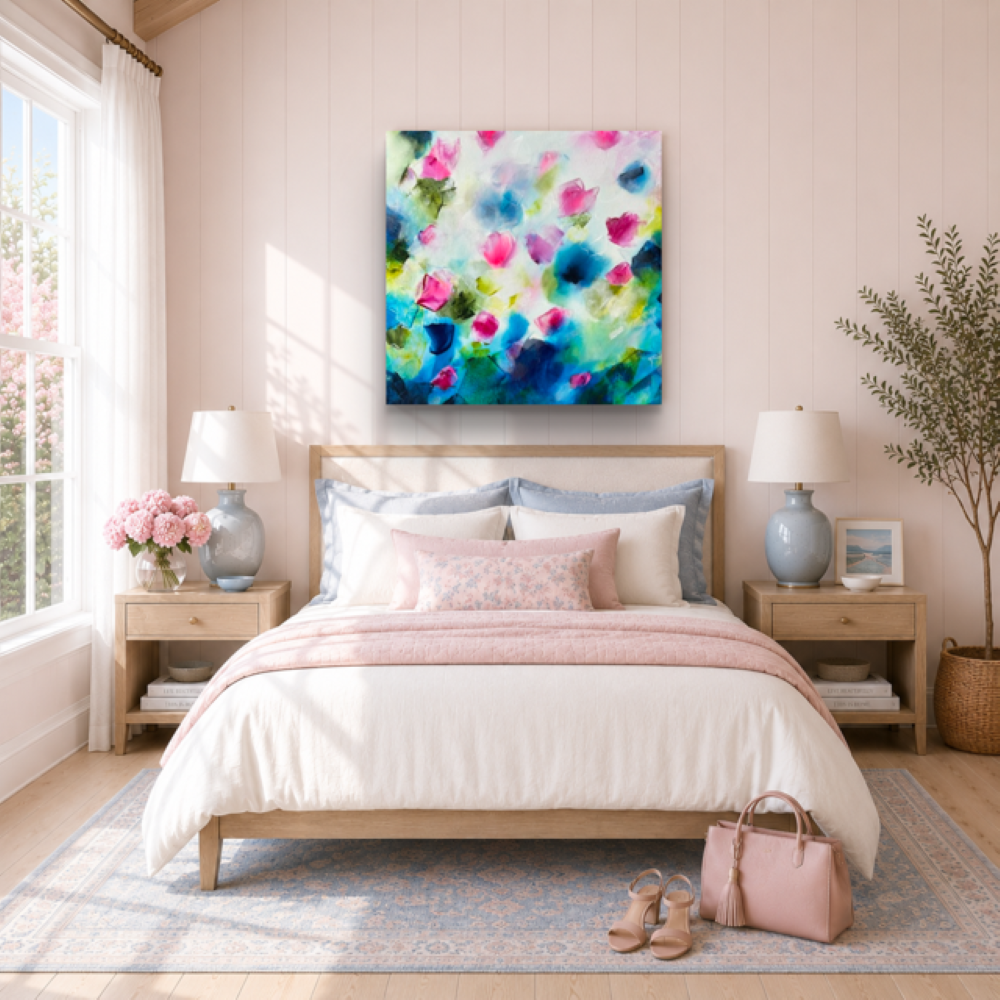 Colourful Abstract Floral pink and blue Canvas Print by UK Artist Nikki Lloyd-Evans 