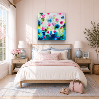 Colourful Abstract Floral pink and blue Canvas Print by UK Artist Nikki Lloyd-Evans 