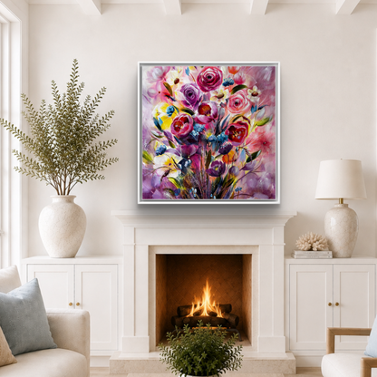 Burst Of Blooms | Modern Vibrant floral painting with blooms bursting off the canvas | By UK Artist Nikki Lloyd-Evans Art 