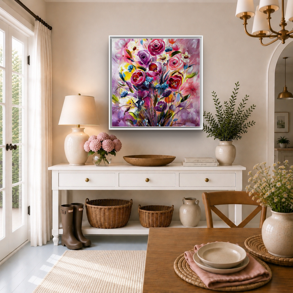 Burst Of Blooms | Modern Vibrant floral painting with blooms bursting off the canvas | By UK Artist Nikki Lloyd-Evans Art 