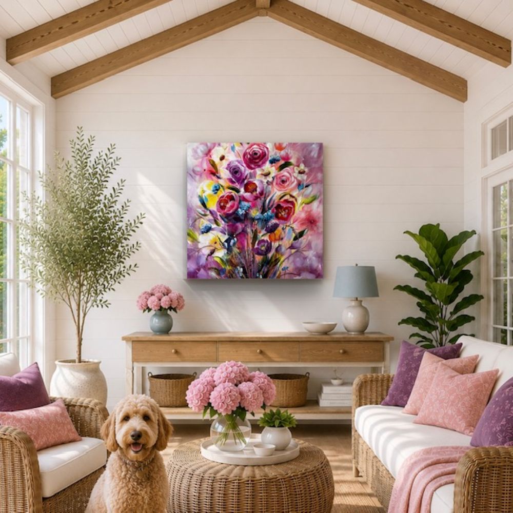 Burst Of Blooms | Modern Vibrant floral painting with blooms bursting off the canvas | By UK Artist Nikki Lloyd-Evans Art 