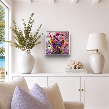 Burst Of Blooms | Modern Vibrant floral painting with blooms bursting off the canvas | By UK Artist Nikki Lloyd-Evans Art 