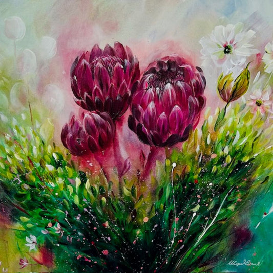 Artistic depiction of purple flowers with greenery and white flowers in the background