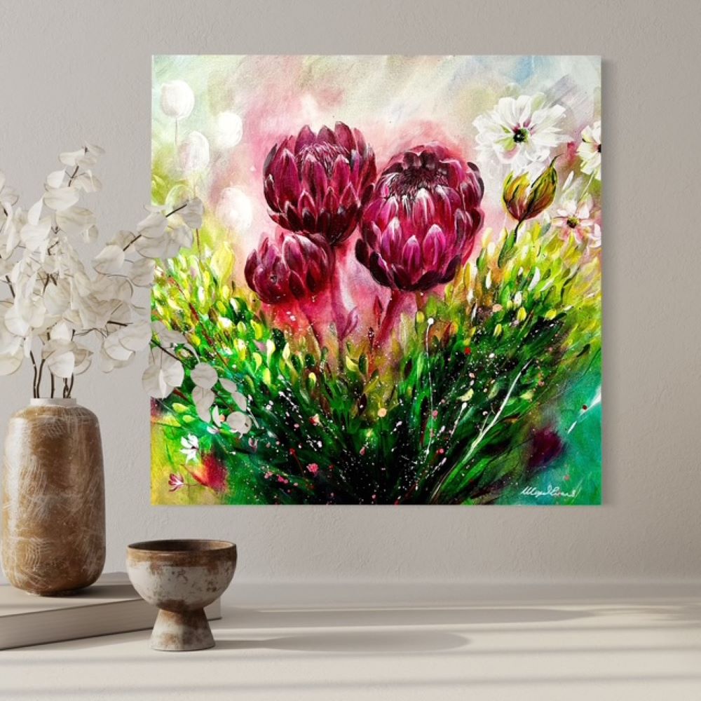 Colorful floral abstract painting on a wall with decorative elements below.