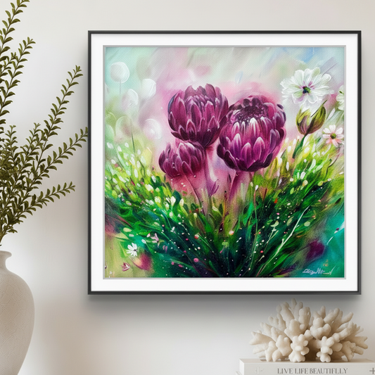 A framed floral art print featuring purple Protea thistle-like flowers with green leaves. Vibrant and full of energy. Ideal for stylish country homes by UK artist Nikki Lloyd-Evans 