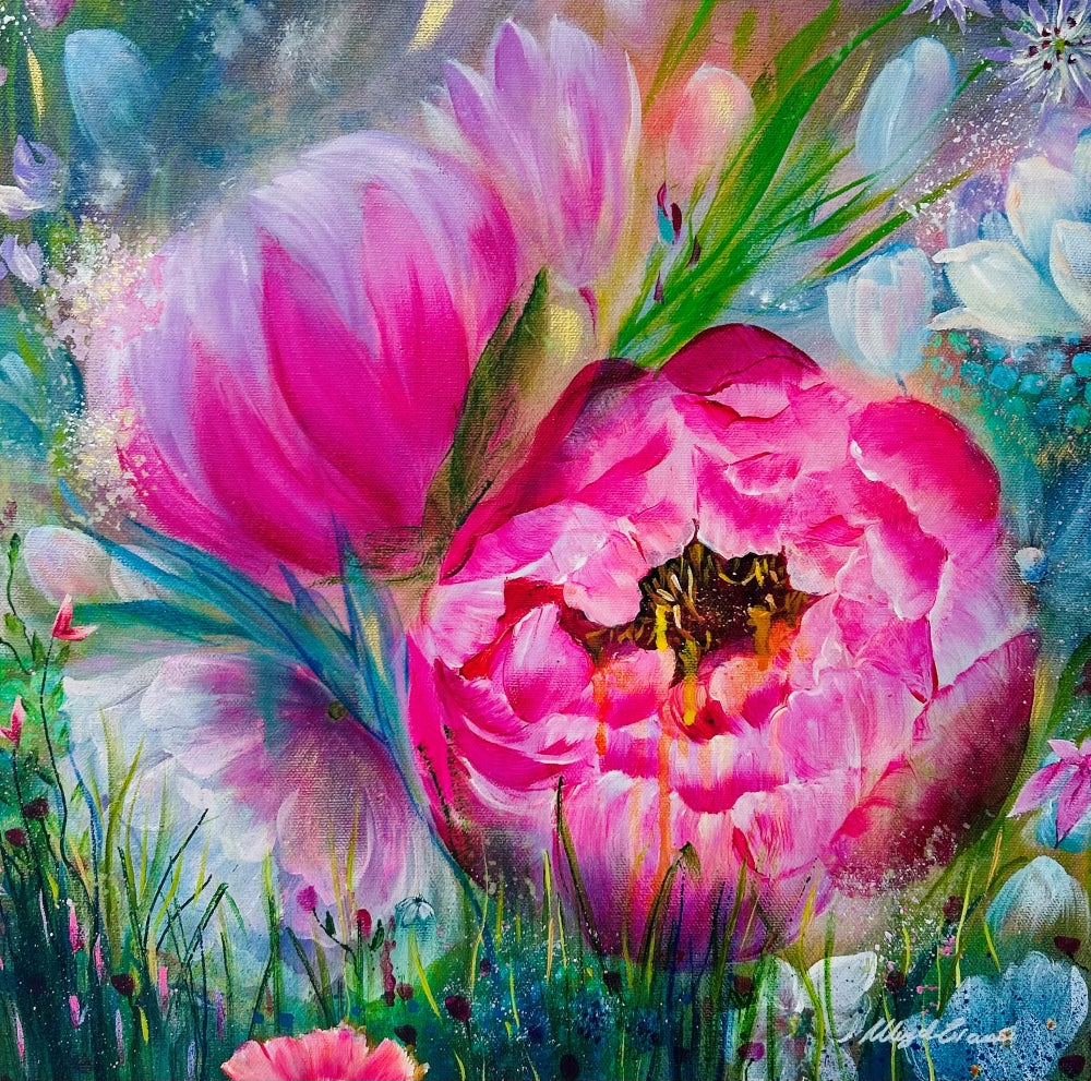 Vibrant Original Flower Painting | Colorful Painting of Pink Flowers | Peonies With Green Leaves