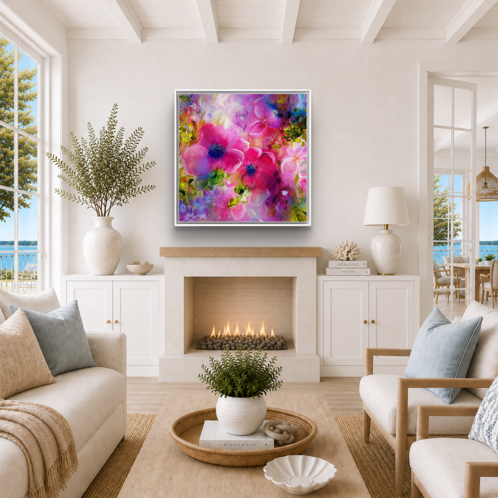 Vibrant Floral Print, Pink and Purple with white frame by UK Artist Nikki Lloyd-Evans
