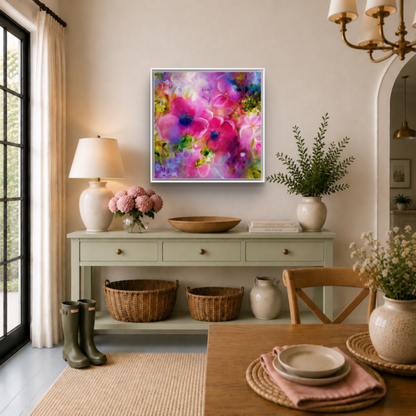 Vibrant Floral Print, Pink and Purple with white frame by UK Artist Nikki Lloyd-Evans