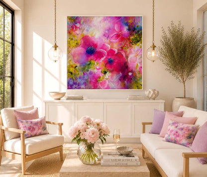 Vibrant contemporary Floral Artwork | Pink and Purple Flower Painting By UK Artist Nikki Lloyd-Evans 