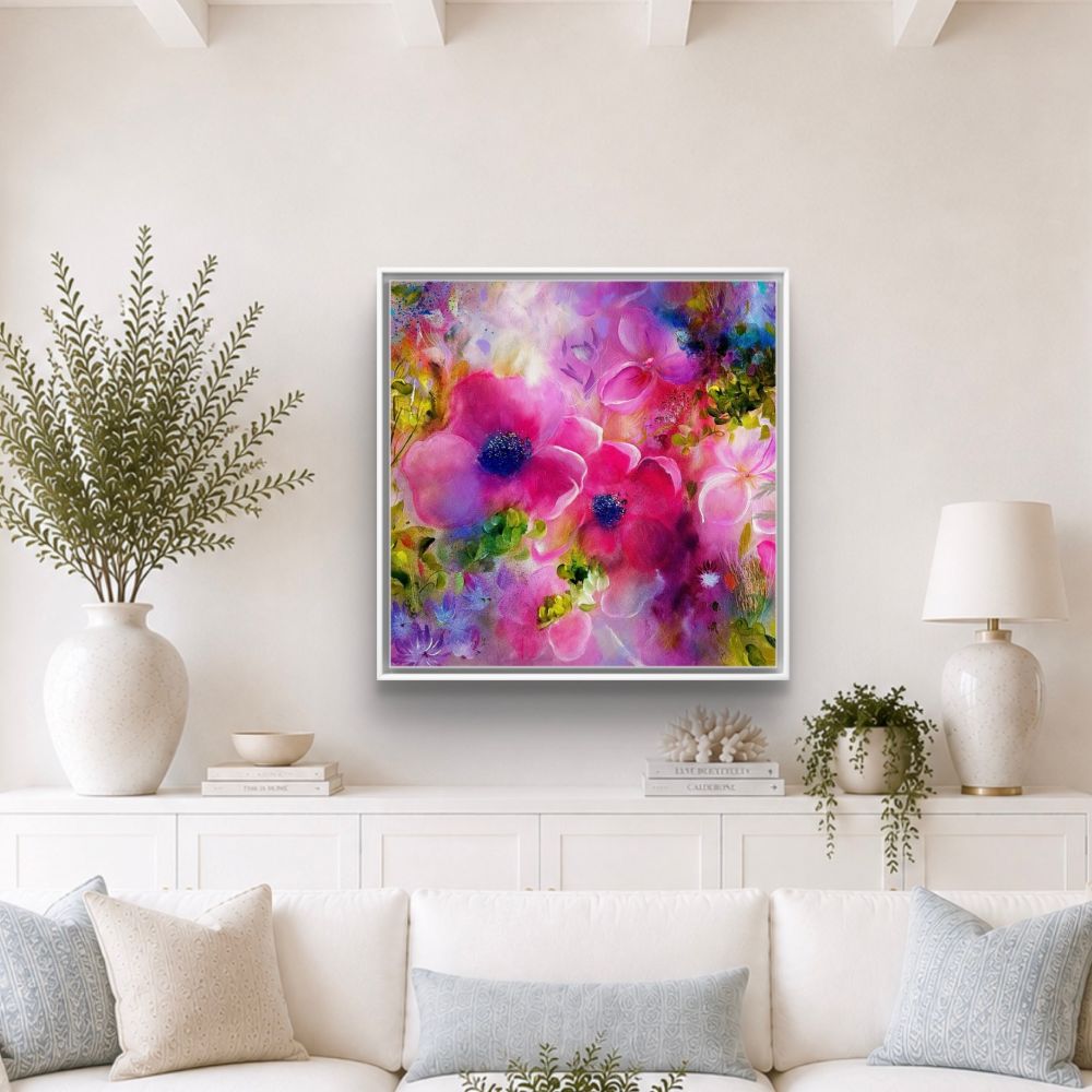 Vibrant Floral Print, Pink and Purple with white frame by UK Artist Nikki Lloyd-Evans