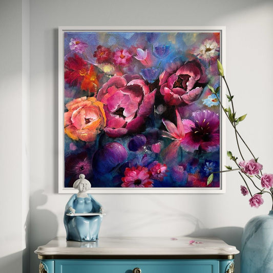 'Joyful Heart' - Contemporary floral canvas print blue, pink and peach with white frame