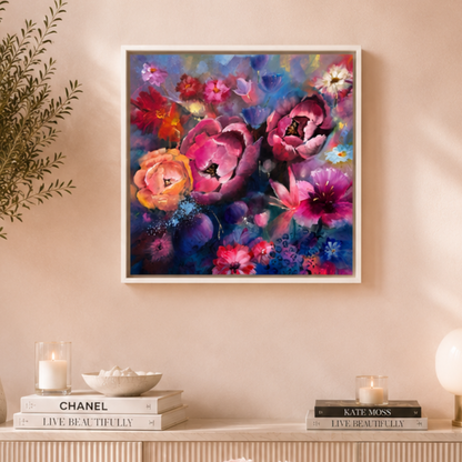 'Joyful Heart' - Contemporary floral canvas print blue, pink and peach with white frame