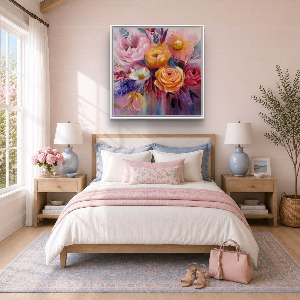 'Just For You' Modern Floral Canvas Print | Yellow Roses Pink daisies and Peonies | by UK Artist Nikki Lloyd-Evans