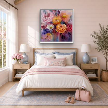 'Just For You' Modern Floral Canvas Print | Yellow Roses Pink daisies and Peonies | by UK Artist Nikki Lloyd-Evans