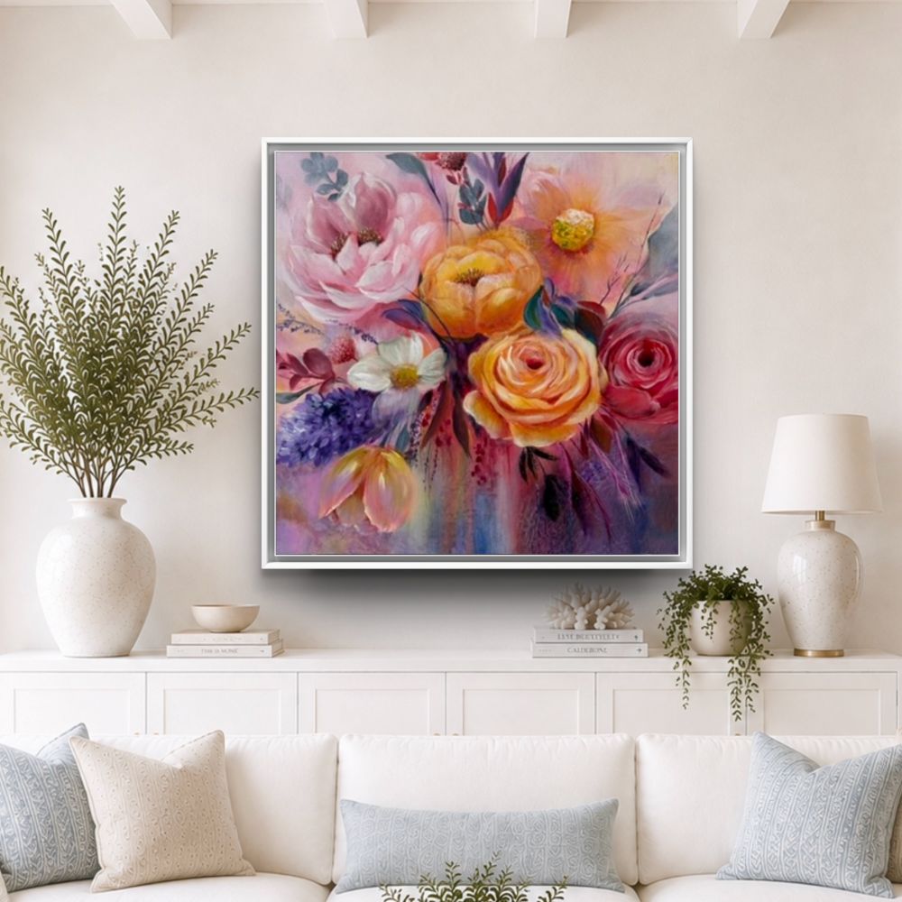 'Just For You' Modern Floral Canvas Print | Yellow Roses Pink daisies and Peonies | by UK Artist Nikki Lloyd-Evans