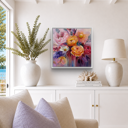 'Just For You' Modern Floral Canvas Print | Yellow Roses Pink daisies and Peonies | by UK Artist Nikki Lloyd-Evans