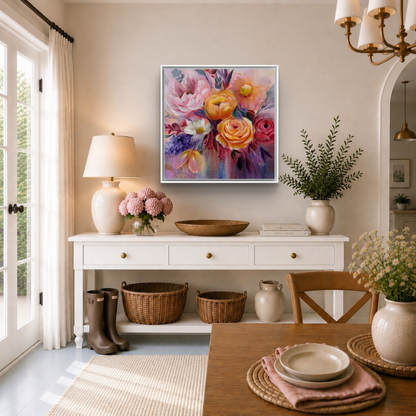 'Just For You' Modern Floral Canvas Print | Yellow Roses Pink daisies and Peonies | by UK Artist Nikki Lloyd-Evans