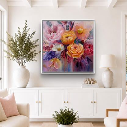 'Just For You' Modern Floral Canvas Print | Yellow Roses Pink daisies and Peonies | by UK Artist Nikki Lloyd-Evans