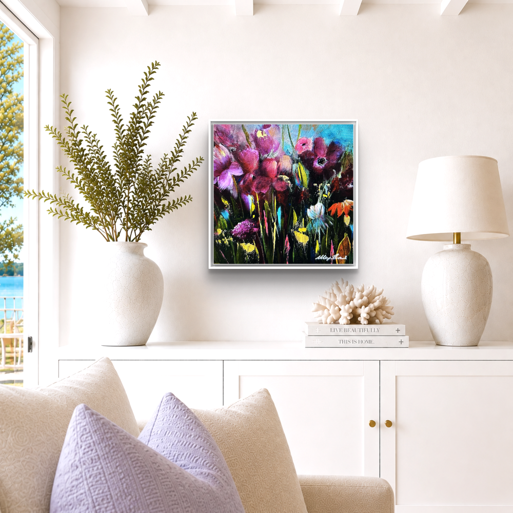 'Perfect Love' - Contemporary floral canvas print blue, pink and green with white frame