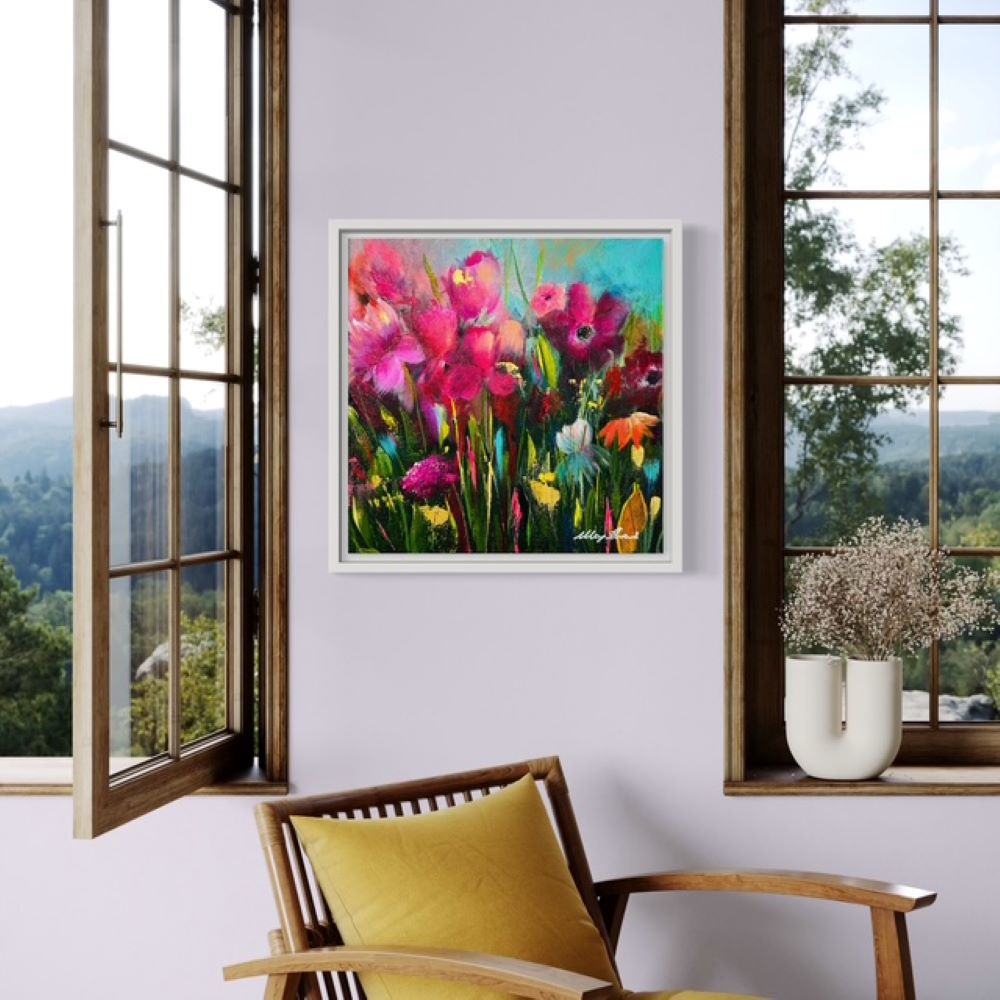 'Perfect Love' - Contemporary floral canvas print blue, pink and green with white frame