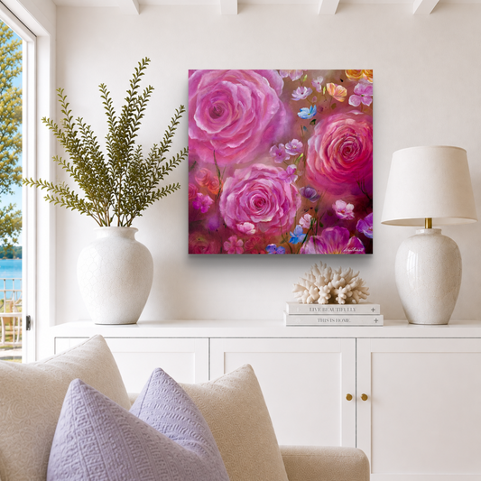 Radiant Beauty  - Contemporary Large Pink Rose Print styled in ladies dressing room - by UK Artist Nikki Lloyd-Evans 