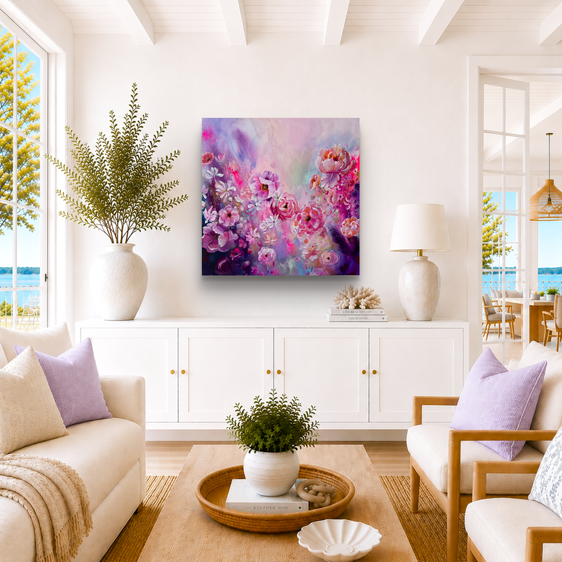 Modern living room with a colorful Pink and Purple floral painting on the wall, white furniture, and decorative elements.