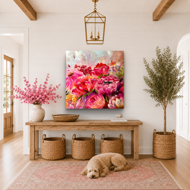 Vibrant Orange and Pink Floral Painting in beautiful Country home interior.