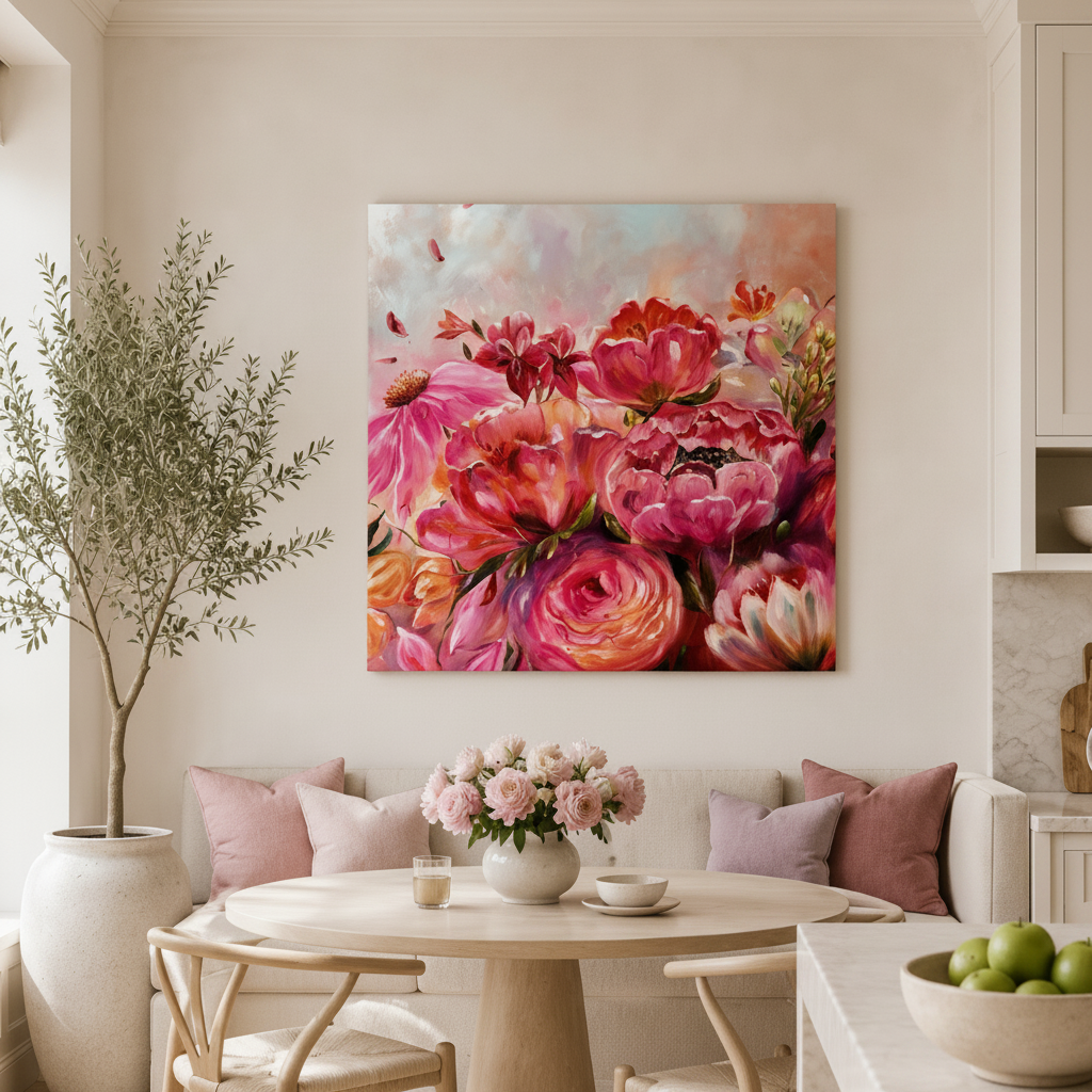 Large modern floral painting, oranges and pinks, expressive and emotional ideal for stylish modern country or coastal homes by UK Artist Nikki Lloyd-Evans 