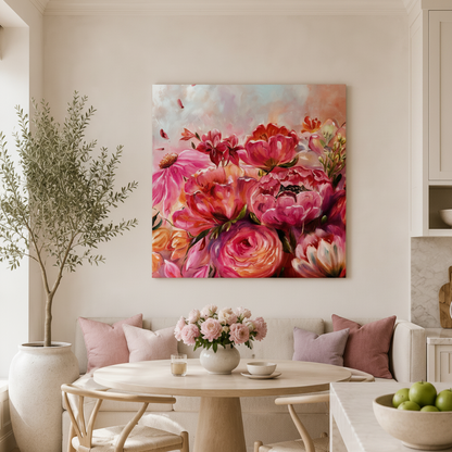 Large modern floral painting, oranges and pinks, expressive and emotional ideal for stylish modern country or coastal homes by UK Artist Nikki Lloyd-Evans 