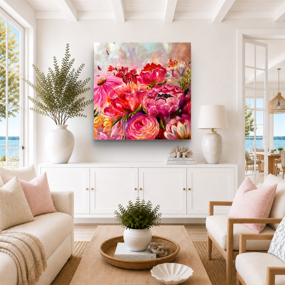 Living room with a Vibrant Orange and Pink floral original painting on the wall, white furniture, and decorative elements.