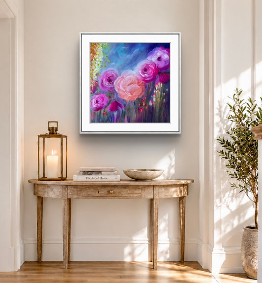 A jewel coloured floral fine art print with pink and purple and peach flowers. Various sizes available. 