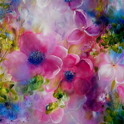 Original Flower Abstract Painting | Pink, Blue and Green