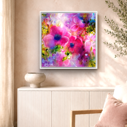 Vibrant Floral Print, Pink and Purple with white frame by UK Artist Nikki Lloyd-Evans