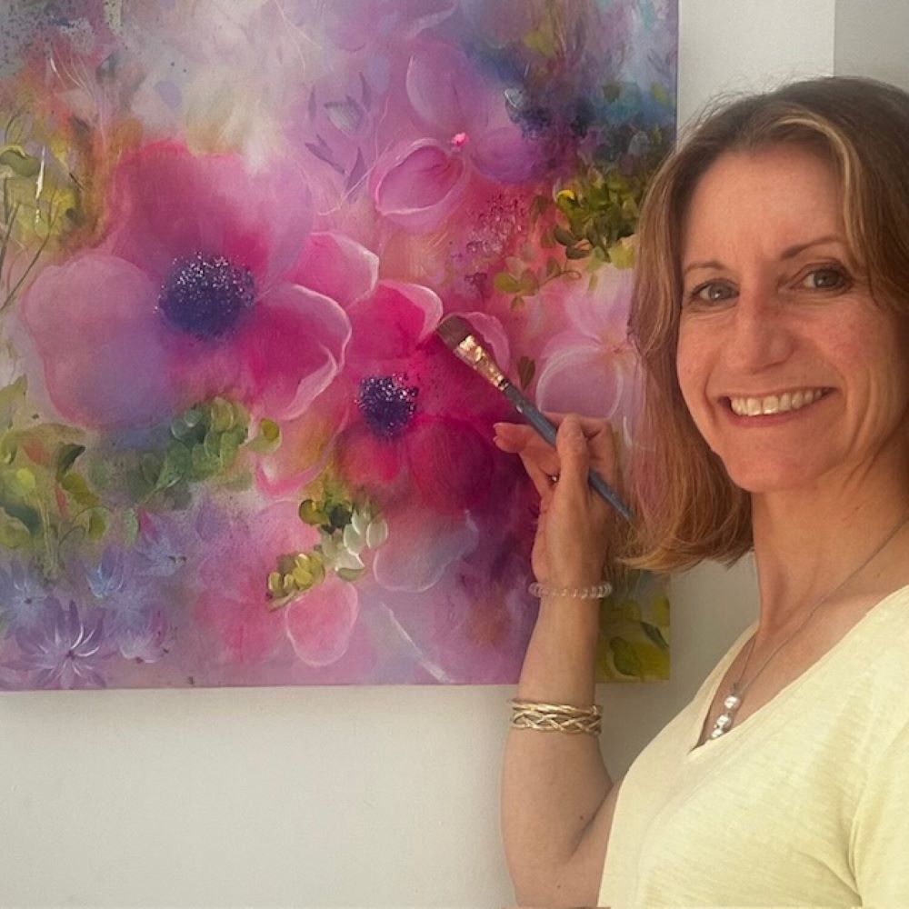 Original Floral Vibrant Painting Green and Pink