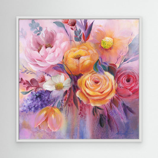 'Just For You' Modern Floral Canvas Print with white frame | Yellow Roses Pink daisies and Peonies | by UK Artist Nikki Lloyd-Evans