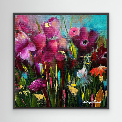 'Perfect Love' - Contemporary floral canvas print blue, pink and green with black frame