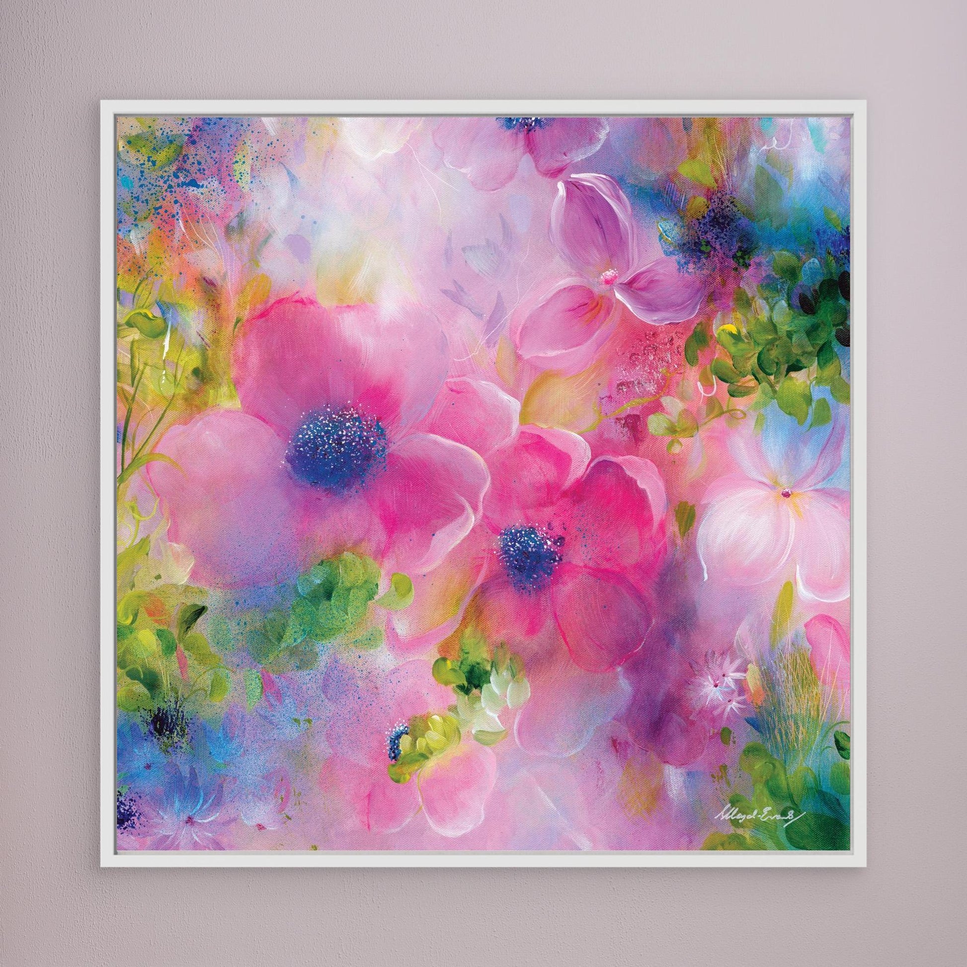 Colorful floral painting with pink and blue flowers on canvas